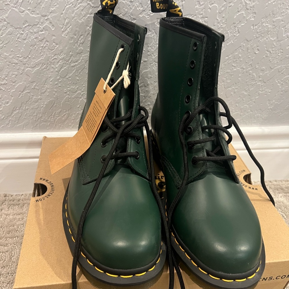 Dr. Martens Forest Green Boots with Yellow Stitching in Box